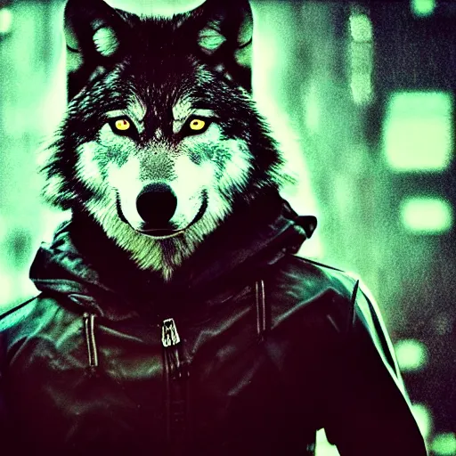 Prompt: portrait of wolf animal with cyberpunk gogles, realistic style of cyberpunk, editorial photography, neons, blade runner, futuristic style, bokeh and depth of field, award winning, establishing shot