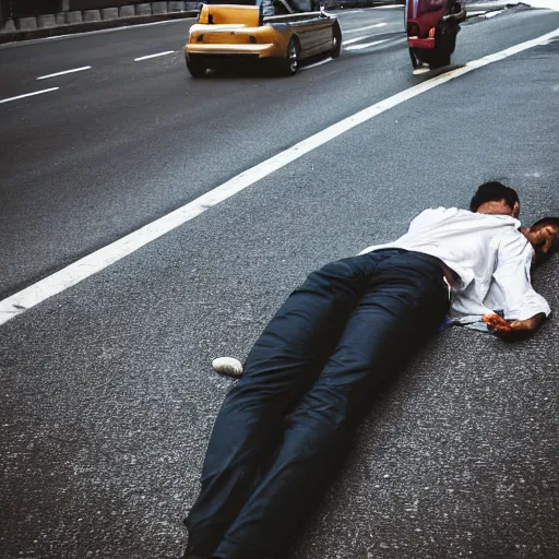 Prompt: a man laying lifeless on the road of a big city, photography,