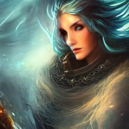 Image similar to the picture of a beautiful woman knight, blue eyes, fire forged hair, epic fantasy art, mystical, mystic atmosphere, mythology, photo realistic, high detail, ultra realistic, hyper realistic, high definiton, 4 k uhd,