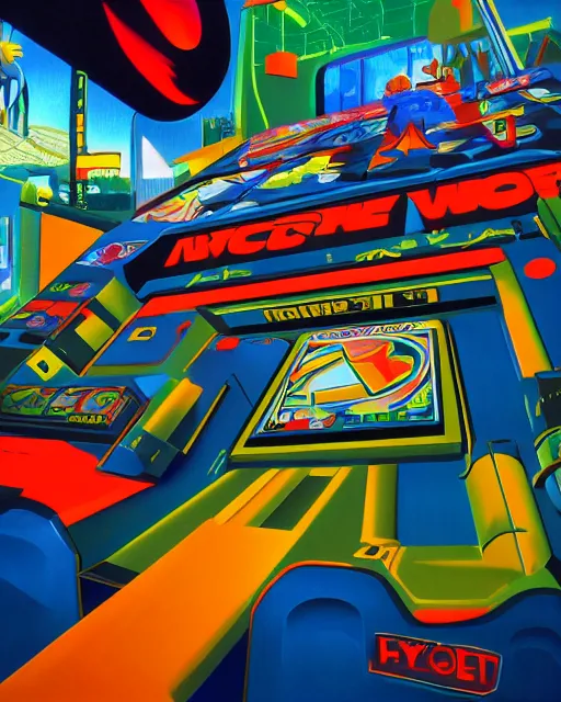 Image similar to arcade start screen. retro technology, 9 0 s colors and shapes, wayne barlow, oil on canvas, deep depth of field, masterpiece, cinematic composition, hyperdetailed