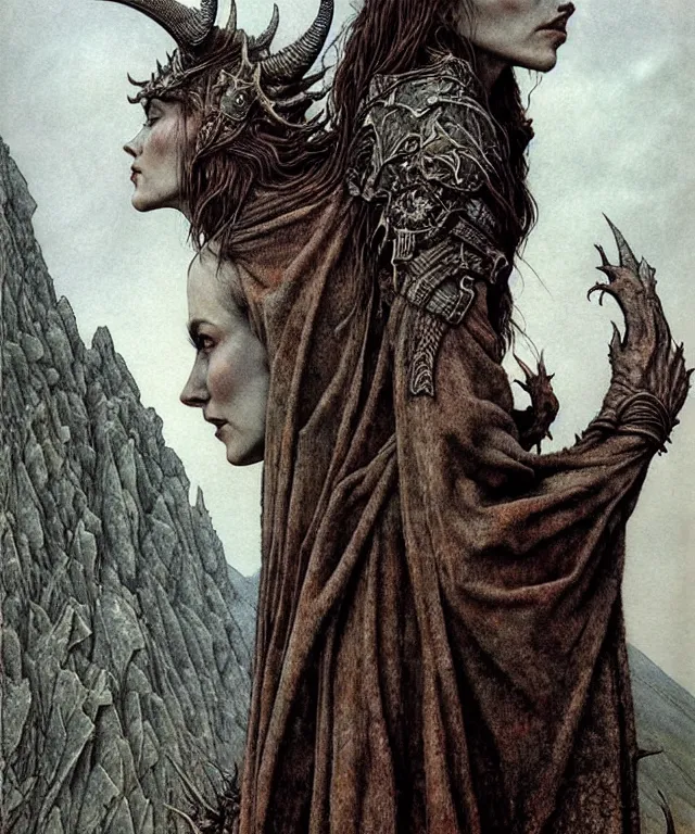 Image similar to A detailed horned dragonwoman stands among the hills. Wearing a ripped mantle, robe. Perfect faces, extremely high details, realistic, fantasy art, solo, masterpiece, art by Zdzisław Beksiński, Arthur Rackham, Dariusz Zawadzki