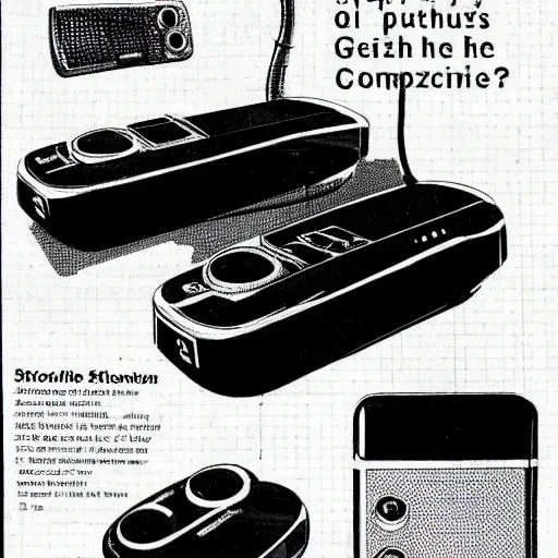 Image similar to 1 9 7 0's popular science magazine sketches of playstation 5, gaming computers, cell phones.