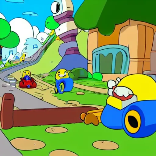 Image similar to adventure time Finn & Jake riding Mario karts level, cartoon video game graphics