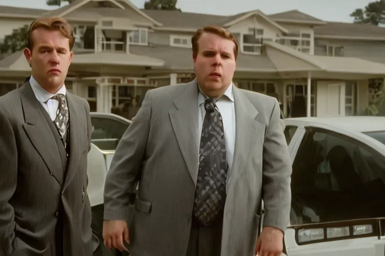 Image similar to cinematic still of portly clean-shaven white man wearing suit and necktie and short curly blond hair as car salesman in 1994 film, XF IQ4, f/1.4, ISO 200, 1/160s, 8K, RAW, dramatic lighting, symmetrical balance, in-frame