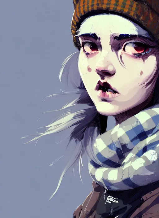 Image similar to highly detailed closeup portrait of a sewer punk lady student, beanie, tartan hoodie, white hair by atey ghailan, by greg rutkowski, by greg tocchini, by james gilleard, by joe fenton, by kaethe butcher, gradient, blue, black, brown and cream color scheme, grunge aesthetic!!! white graffiti tag wall background