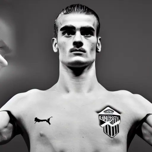 Image similar to a realistic detailed photo of a guy who is an attractive humanoid who is half robot and half humanoid, who is a male android, soccer player antoine griezmann, shiny skin, posing like a statue, blank stare, in a living room, on display, showing off his muscles