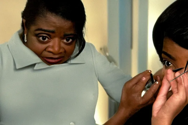 Image similar to screenshot of close up of octavia spencer removes a small hearing device with tweezers from her left ear, iconic scene from the paranoid sci fi thriller film directed by stanley kubrick, apartment set in the near future, cinematic shot with anamorphic lenses, color theory, apartment design, leading lines, photorealistic, volumetric lighting