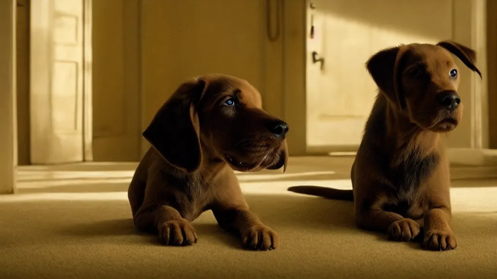 Image similar to a very nice nice nice puppy, film still from the movie directed by denis villeneuve and david cronenberg with art direction by salvador dali and dr. seuss