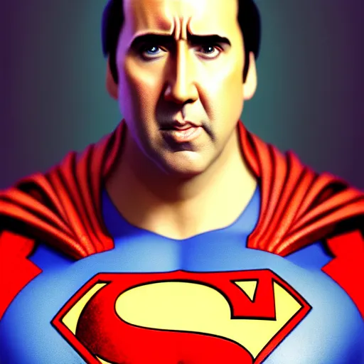 Image similar to upper body portrait of nicolas cage as superman, intricate, elegant, highly detailed, digital painting, artstation, concept art, smooth, sharp focus, illustration, art by artgerm and greg rutkowski and alphonse mucha, award winning, 8 k