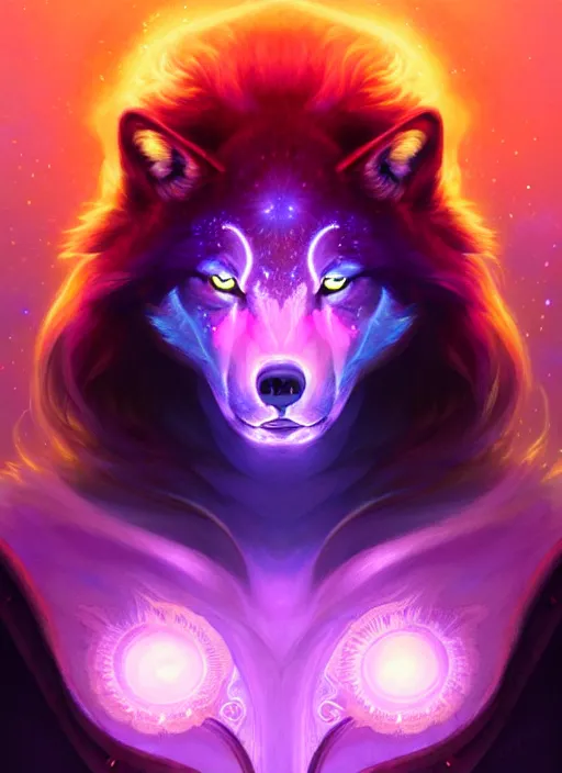 Prompt: a wolf faceless glowing liquefied stardust adventurer, dnd fantasy character, full body portrait, glowing neon skin, magical aura, ultra realistic, intricate, elegant, highly detailed, digital painting, artstation, smooth, sharp, focus, illustration, art by artgerm and greg rutkowski and alphonse mucha and dan mumford, sacred geometry