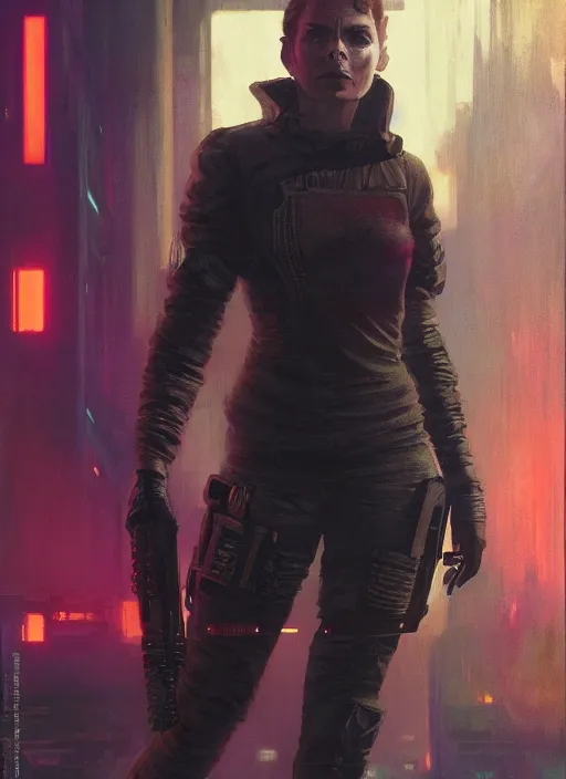 Prompt: Ingrid Bergman. Cyberpunk assassin in tactical gear. blade runner 2049 concept painting. Epic painting by Craig Mullins and Alphonso Mucha. ArtstationHQ. painting with Vivid color. (rb6s, Cyberpunk 2077, matrix)