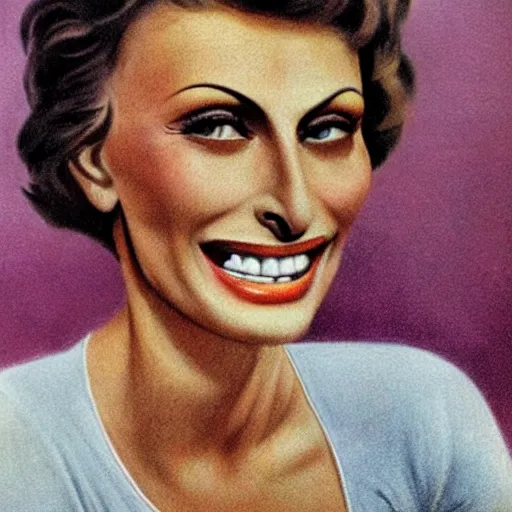 Prompt: a 1 9 2 8 color drawing portrait. calm, happy, healthy, smiling, sporty, young, glowing sophia loren in athletic wear with big smile and healthy teeth. realistic, high quality.