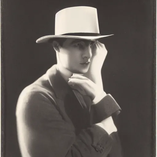 Image similar to a black and white photo of a man wearing a hat, a character portrait by george hurrell, featured on flickr, mannerism, studio portrait, chiaroscuro, 1 9 2 0 s