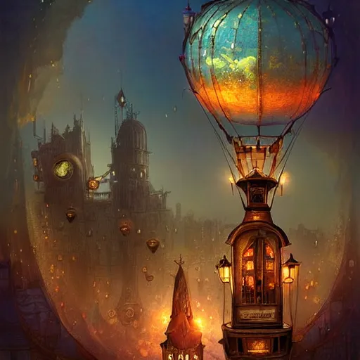 Image similar to a beautiful stunning fantasy whimsical matte digital illustration of a scene of a steampunk! hot - air balloon over a lit steampunk! city at night by marc simonetti, pastel color palette, disney magic the gathering steampunk!!!, chiaroscuro magical! bokeh moon stars dramatic romantic! epic breathtaking, clock tower,, trending on artstation hq, masterpiece