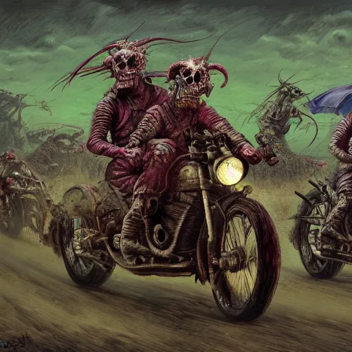 Image similar to motorbikers race in hell, horror art, purple and green hour, by beksinski, szukalski, giger, pyromallis, dzo, iris compiet, seb mckinnon, digital art, highly detailed, intricate, sharp focus, trending on artstation hq, deviantart, pinterest, unreal engine 5, 4 k uhd image