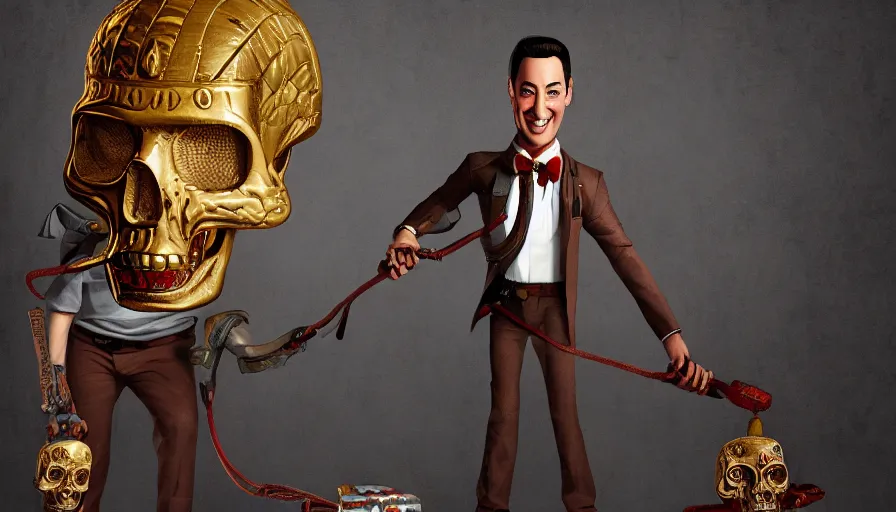 Image similar to pee - wee herman as indiana jones holding a whip in left hand and holding a golden mayan skull in the right hand, grey background, hyperdetailed, artstation, cgsociety, 8 k