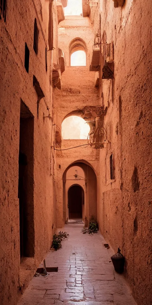 Prompt: ancient moroccan architecture alleyway, skylights, light shafts, hyper - realistic, cinematic lighting, highly detailed and intricate, sunset, cinematic, atmospheric, octane render