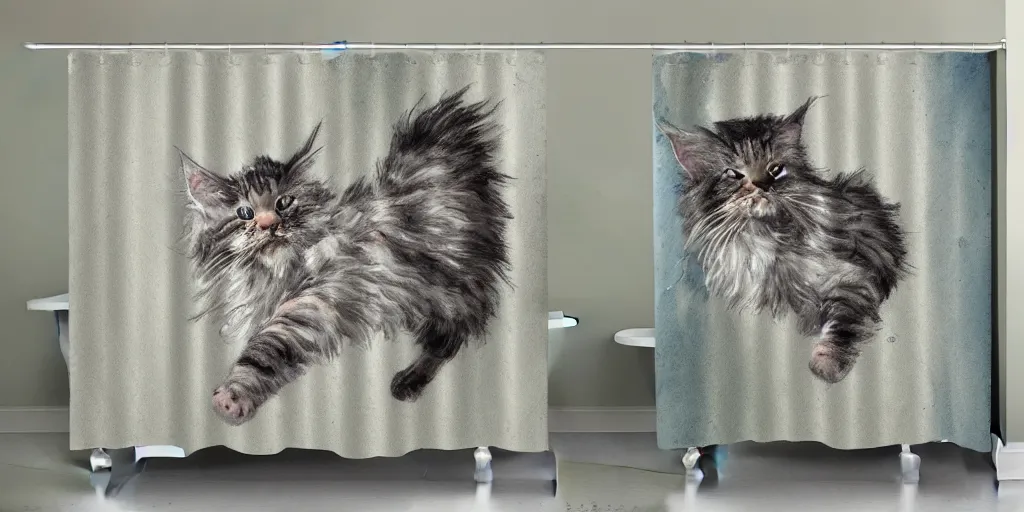 Image similar to shower curtain product catalog. on the curtain is a watercolor with ink under drawing of a cat toy being chased by a maine coon kitten. wide - angle product photography, product lighting. 4 k, highly detailed. saturated.