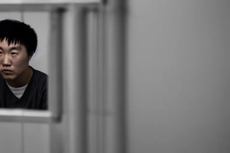 Image similar to an 8 5 mm portrait of a justin sun in prison looking through the bars of his cell, by annie leibovitz, shallow depth of field, cinematic lighting