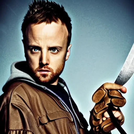 Image similar to Jesse Pinkman holding a sword, awesome photograph