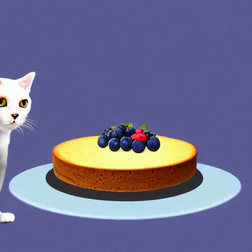 Image similar to a cat is standing near a blueberry cheesecake, chromatic aberration, medium level shot, illustration, concept art,