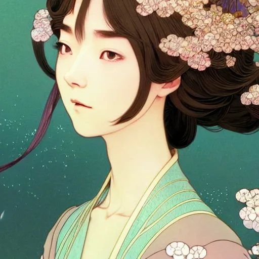 Image similar to a beautiful exquisite delicate hyperdetailed character design 4 k wallpaper illustration of a princess, victo ngai style, finely detailed perfect face delicate features directed gaze, style of studio ghibli, makoto shinkai, raphael lacoste, louis comfort tiffany, denoise, deblurring, artgerm, james jean, ross tran, alphonse maria mucha, chinese style