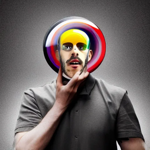 Image similar to man with car wheel on head surreal