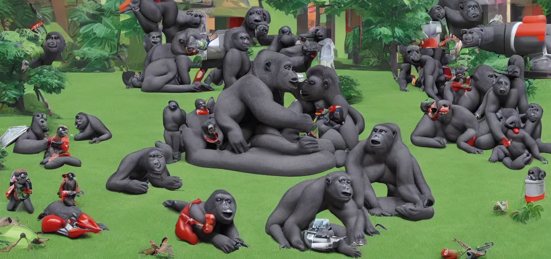 Image similar to intergalactic hotdog battlecruisers are attacking peaceful gorilla families in the city park planitary defense systems are active daytime beautiful, families running in fear for their lives, hyper realistic, high definition, highly detailed