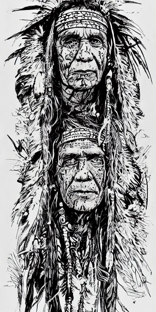 Image similar to a detailed loose wild messy ink sketch portrait of a Native American shaman in the style of Ralph Steadman, caricature, dramatic