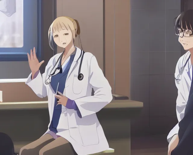 Image similar to a cute and beautiful young female doctor wearing white coat are talking with an old professor in a hospital, slice of life anime, lighting, anime scenery by Makoto shinkai