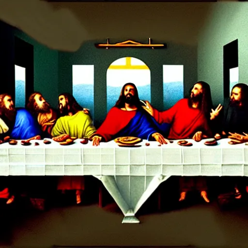 Image similar to Kanye West as Jesus in the Last Supper painting