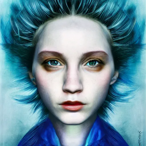 Prompt: The dragon girl portrait, portrait of young girl half dragon half human, dragon girl, dragon skin, dragon eyes, dragon crown, blue hair, long hair, highly detailed, cinematic lighting, Oil on canvas by David Lynch