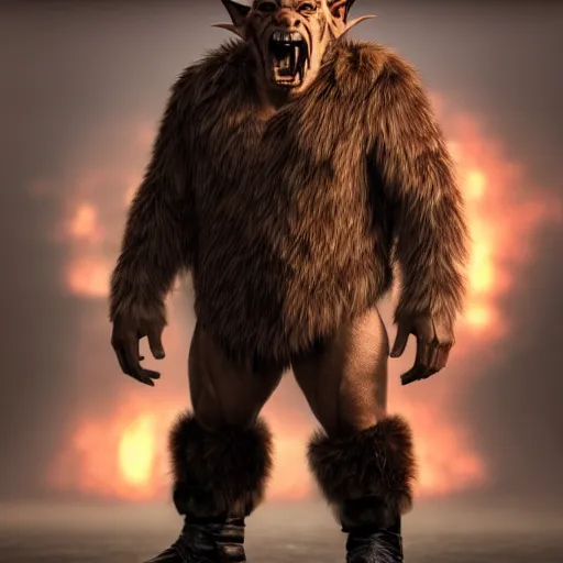 Image similar to A full body shot of a handsome orc looking into the camera wearing a fur jacket and boots, full body shot, artstation, realistic, highly detailed, symmetrical, hyper realism, high detail, octane render, unreal engine, 8k, fantasy art, highly detailed, concept art