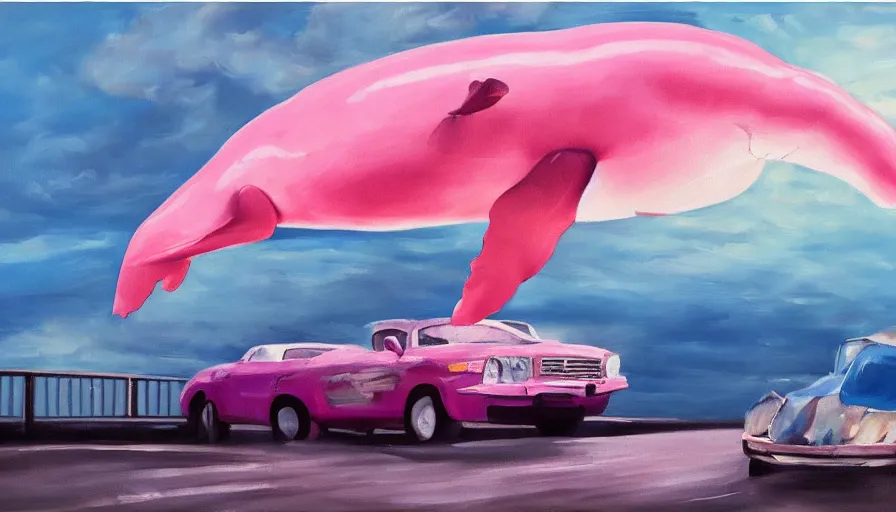 Image similar to an oil painting of a giant pink whale falling out of a blue sky onto cars on a busy bridge, realistic, cinematic lighting