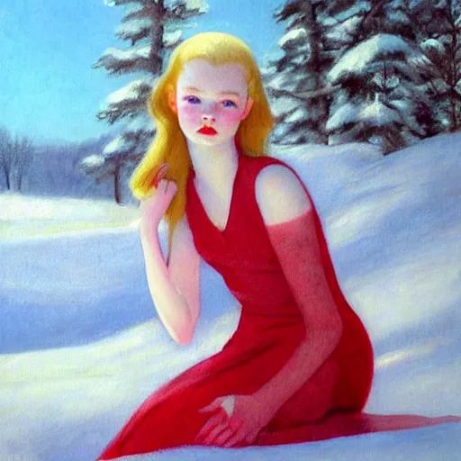 Image similar to Painting of Elle Fanning surrounded by red snow, 60s ad, long blonde hair, delicate, pale milky white porcelain skin, by Edward Hopper. 8K. Extremely detailed.