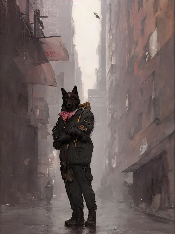 Image similar to new york city portrait of furry anthro anthropomorphic german shepard head animal person fursona wearing clothes nypd traditional police uniform in the alley, sunny day, digital art by Nerdrum John, William Waterhouse, Winslow Homer, Alex Heywood, Jordan Grimmer, Darren Quach, Greg Rutkowski, Simon Stalenhag, trending on Artstation, CGSociety