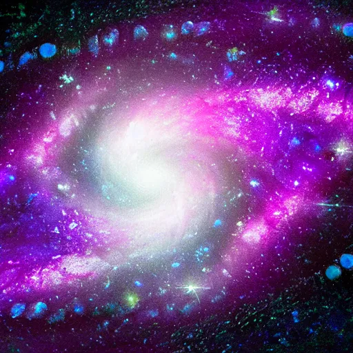 Prompt: spiral galaxy, inverted colors, purple and pink, bokeh