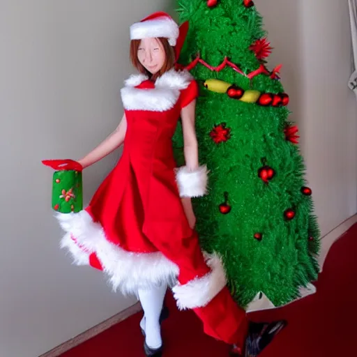 Image similar to christmas tree waifu, an anime girl dressed as a christmas tree