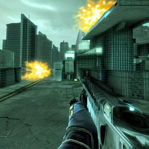 Image similar to generic third - person shooter, sci - fi third - person shooter on the og xbox, 2 0 0 3 graphics, playstation 2 graphics, y 2 k aesthetic hud