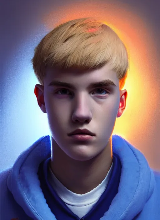 Image similar to portrait of high school senior boy named big moose, blonde short hair, jock, beefy, wide face, square jaw, square facial structure, blue varsity jacket with letter r, intricate, elegant, glowing lights, highly detailed, digital painting, artstation, concept art, sharp focus, illustration, art by wlop, mars ravelo and greg rutkowski