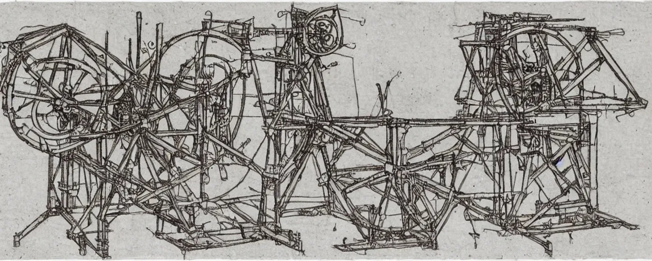 Prompt: a leonardo davinci sketch of an infinite creativity machine powered by the human imagination, in the style of an engineering drawing