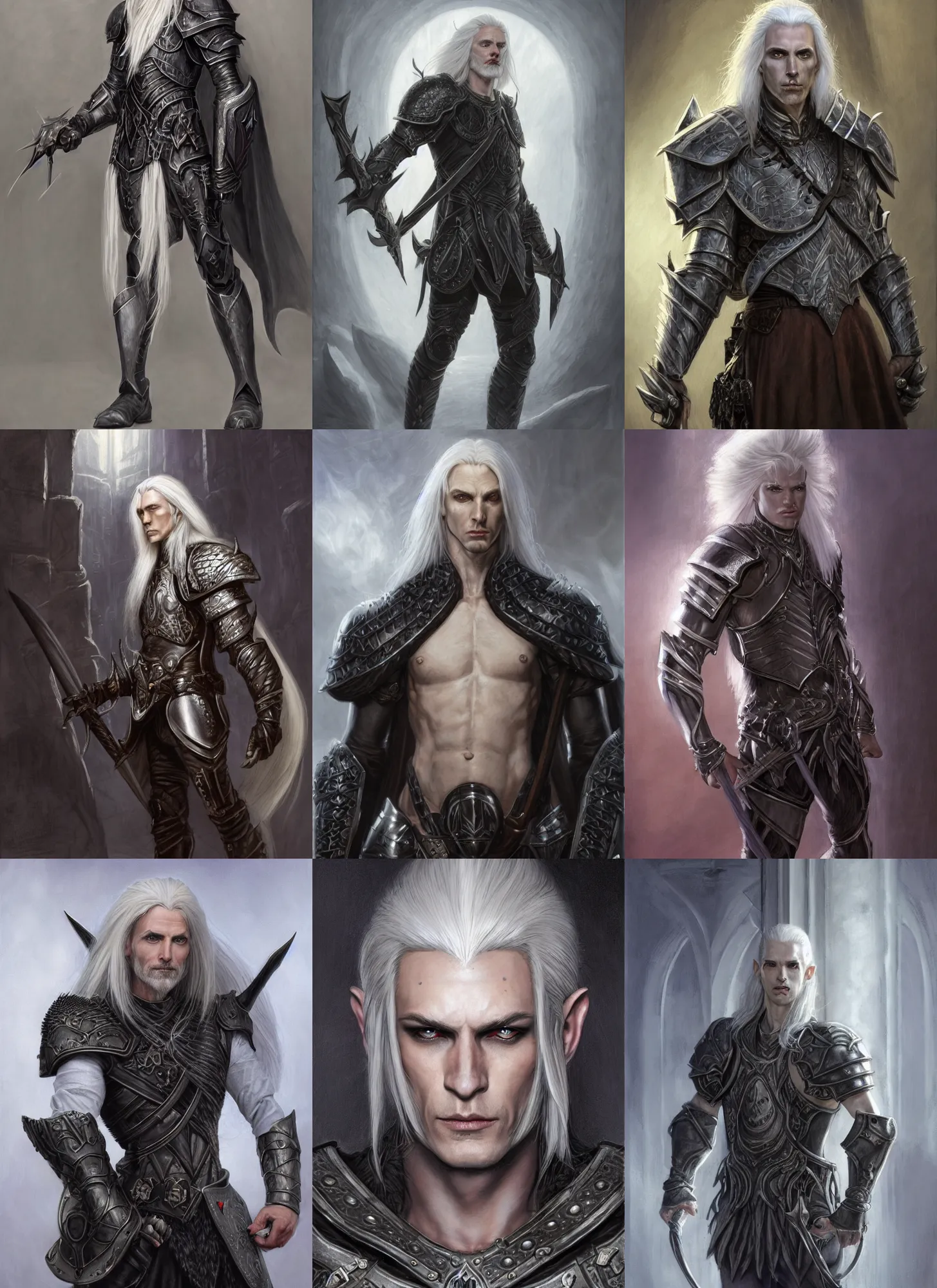 Prompt: a portrait of a male dark gray elf with long white hair, pale gray skin, buzzed hair on temple, young adult, defined cheek bones, serious, wearing leather armor, style by donato giancola, wayne reynolds, jeff easley dramatic light, high detail, cinematic lighting, artstation, dungeons and dragons