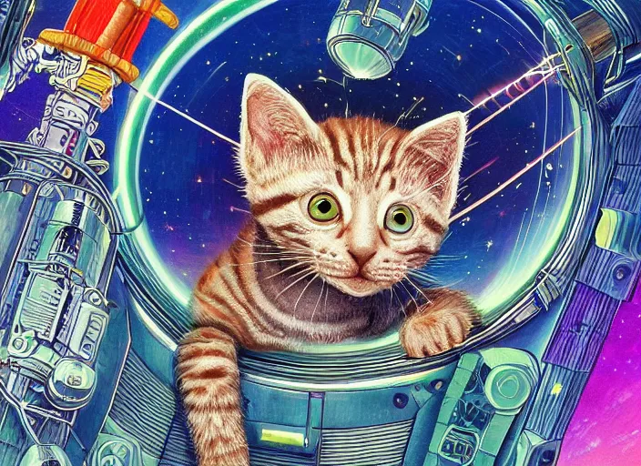 Prompt: coloring book drawing of an astronaut kitten from a musical sparkly digital space opera, Animated film, volumetric lighting, octane render, directed by wes anderson, Vladimir kush, m.c Escher