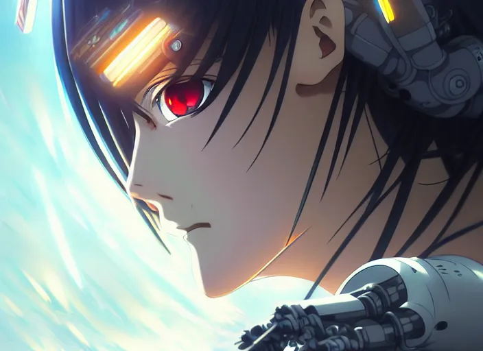 Image similar to a anime portrait of a cyborg woman!! finely detailed features, closeup at the face, sharp focus, perfect art, night - time city background, cinematic lighting, highly detailed, intricate, anime!! artstation, trending on pixiv fanbox, painted by greg rutkowski, studio ghibli, yoji shinkawa, hayao miyazaki,