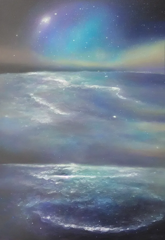 Prompt: the black door opened to the cosmos on a silver beach opening to reveal the cosmos, award winning oil painting, iridescent shimmer