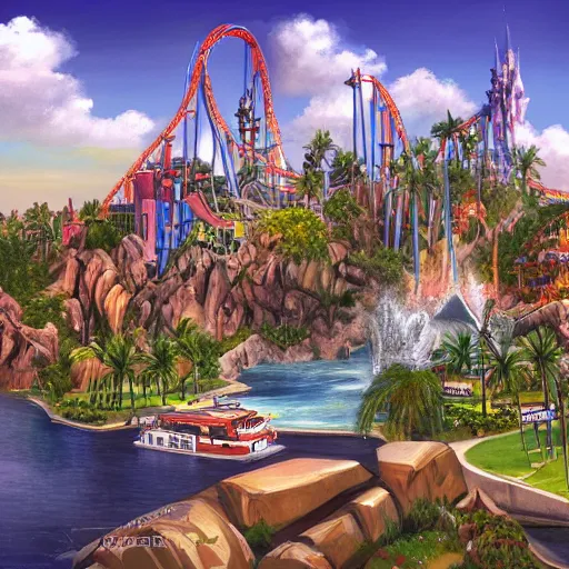 Prompt: painting of universal's islands of adventure, universal orlando, artstation