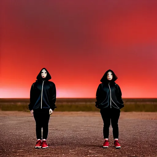 Image similar to cinestill 5 0 d photograph of 2 women wearing black techwear in front of a brutalist sharp - edged metal building, on a desolate plain, red eerie sky, sigma 8 5 mm f / 1. 4, 4 k, depth of field, high resolution, highly detailed, 4 k, 8 k, hd, full color