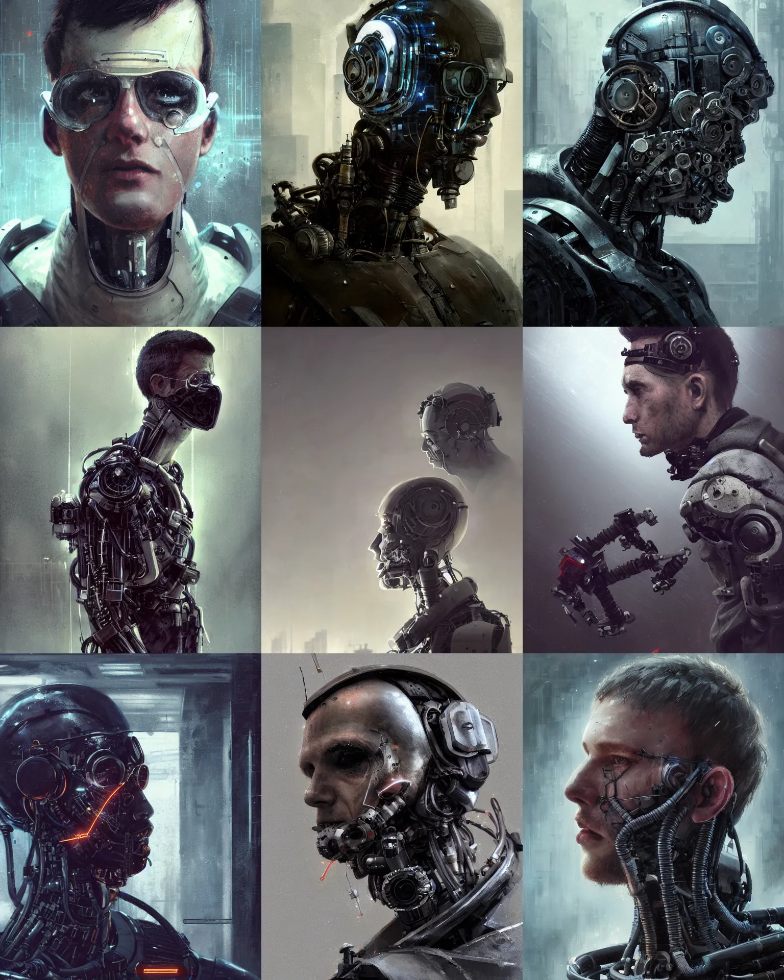 Image similar to a half - masked rugged young laboratory engineer man with cybernetic enhancements as seen from a distance, scifi character portrait by greg rutkowski, esuthio, craig mullins, 1 / 4 headshot, cinematic lighting, dystopian scifi gear, gloomy, profile picture, mechanical, half robot, implants, steampunk