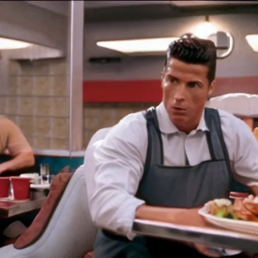 Prompt: movie still of the diner scene in the movie Heat, rendering of cristiano ronaldo as mccauley,