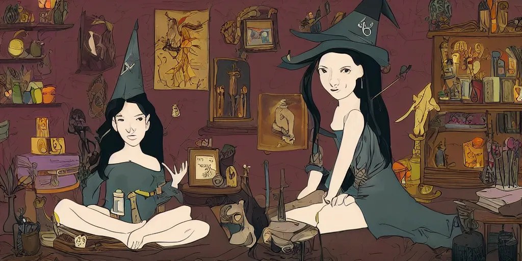 Image similar to a young black haired witch performing a tarot card fortune telling in her room full of elixirs, magical talismans and charms, illustration in the style of kaye waldberg and matthew lyrett and maria garcia garta, artstation, pixiv, smooth curves and sharp edges, gorgeous lighting,